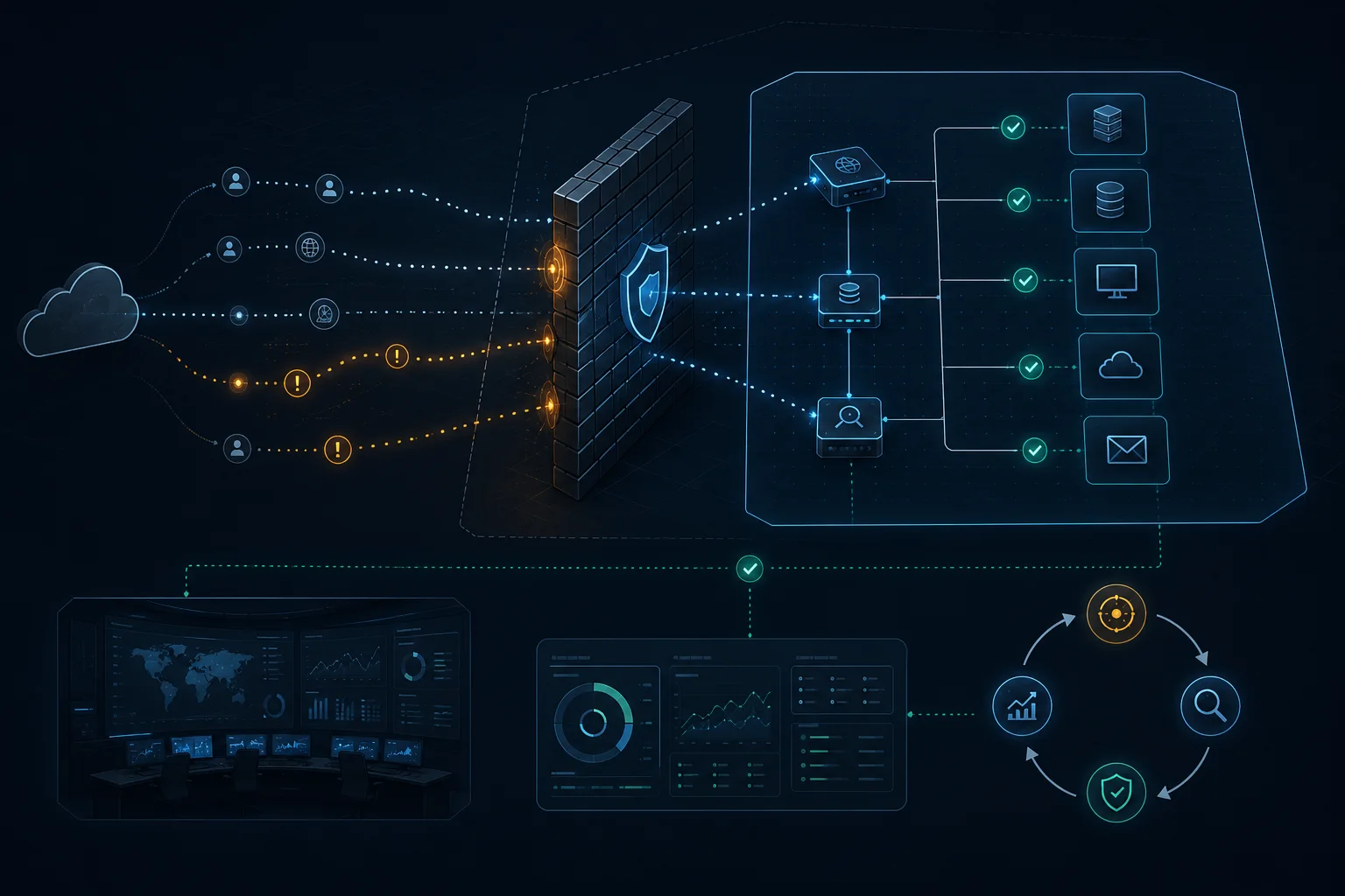 Illustrative layered firewall and intrusion-defense architecture with monitored protected systems